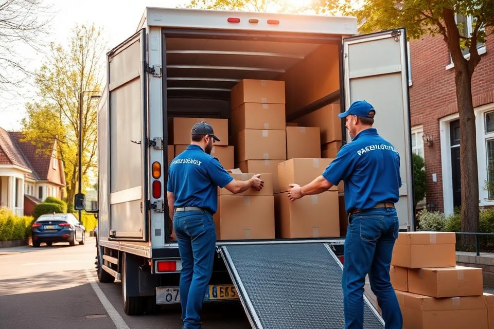 Verhuizers laden dozen in vrachtwagen