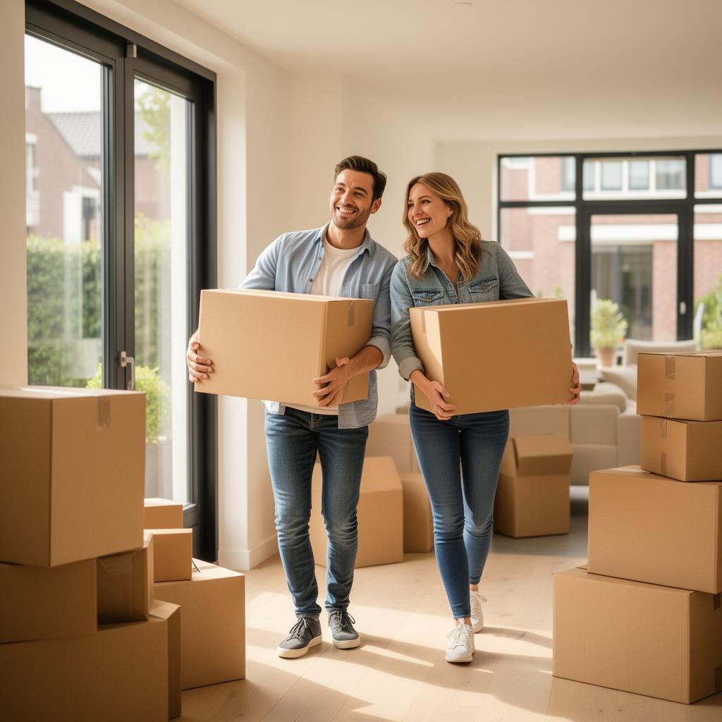 Stel draagt verhuisdozen hun nieuwe woning in